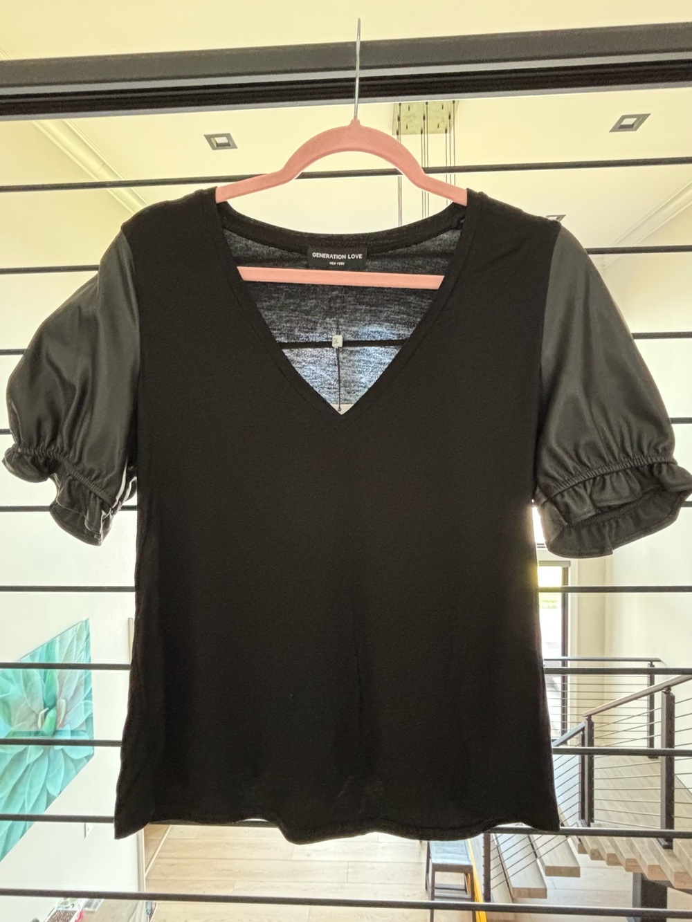 Generation Love Black V-Neck Top with Faux-Leather Puff Sleeves